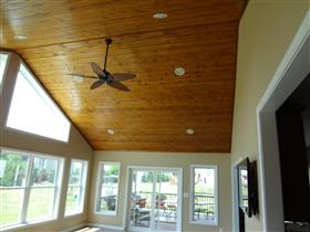 *AFTER* Inside Sunroom ceiling.  Tongue & groove stained wood ceiling.: 